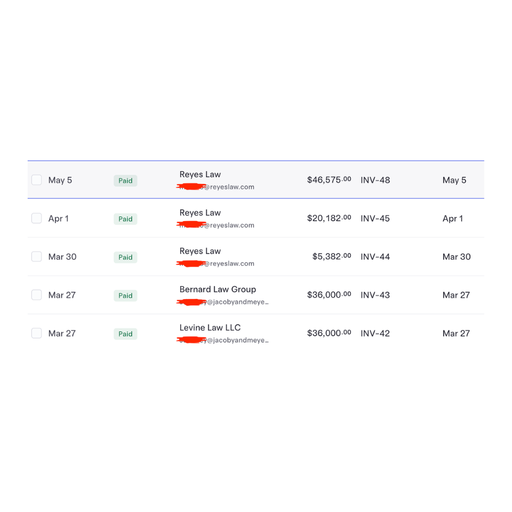 Paid invoices from Reyes Law, Bernard Law Group and Levine Law LLC